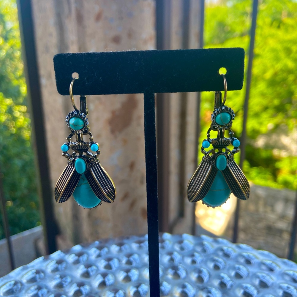 Turquoise Scarab Drop Earrings - Picture 5 of 7